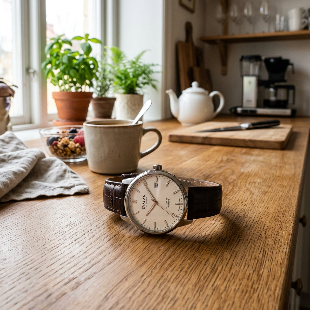 Leather-strap wristwatch on a wooden kitchen table beside coffee and breakfast