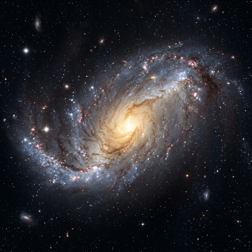 Spiral galaxy with bright golden core, blue arms, and pink star-forming regions