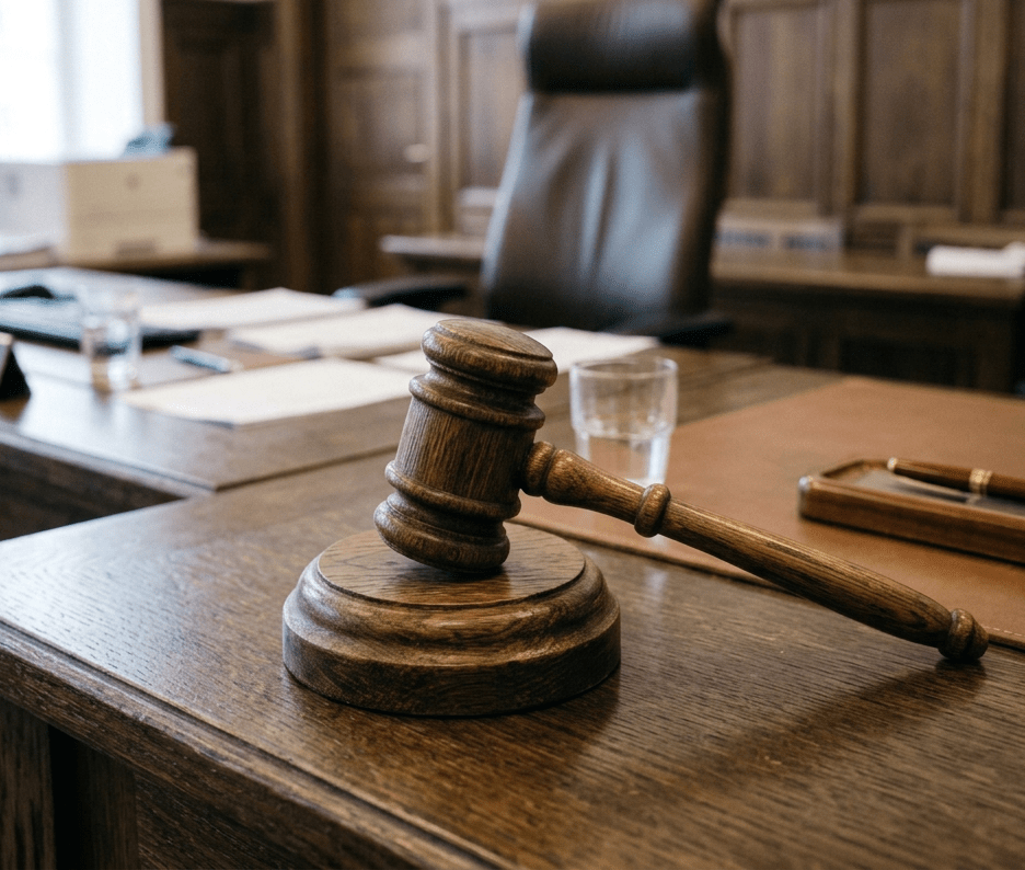 Wooden gavel on courtroom bench with judge and national crest