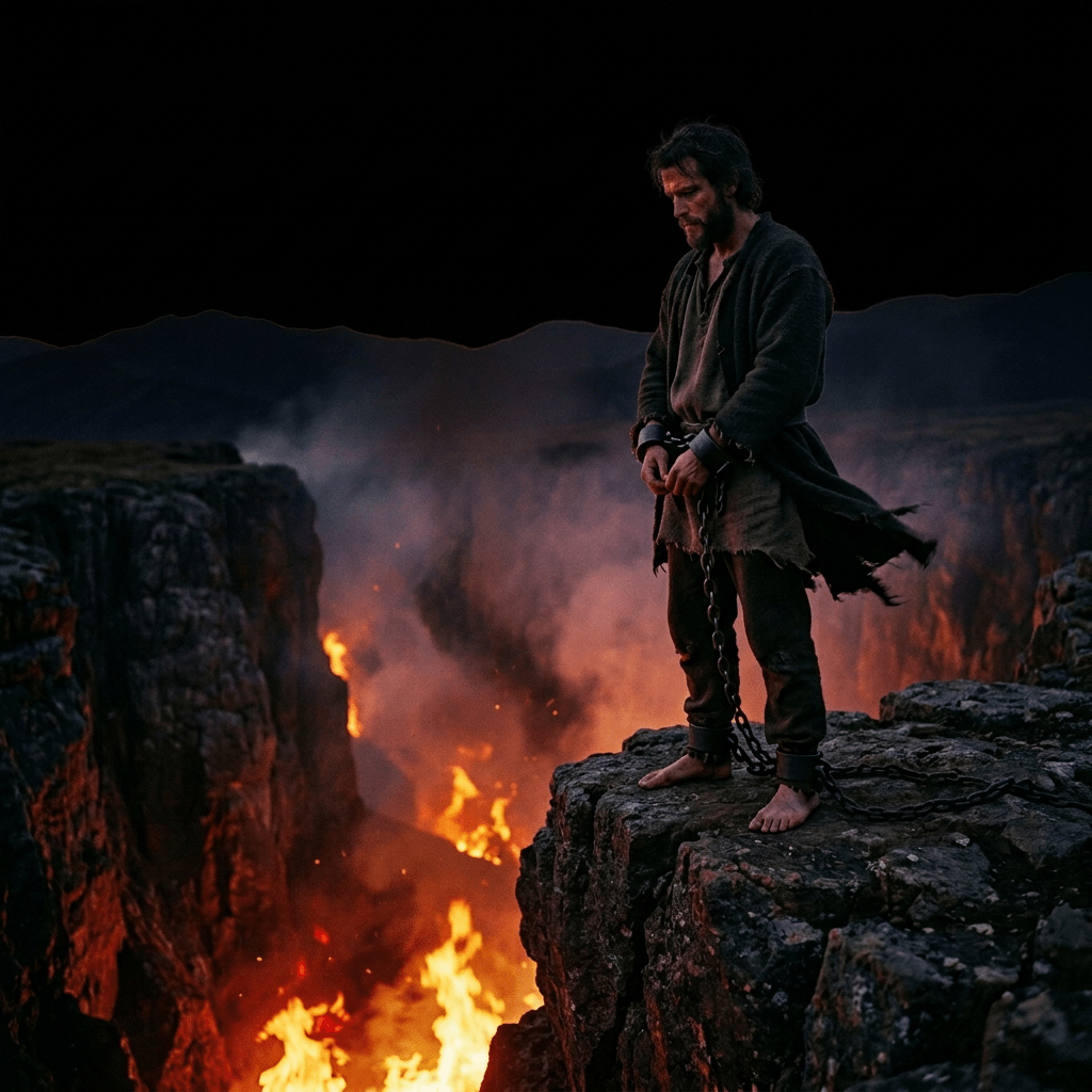 Man chained above hellfire in utter darkness