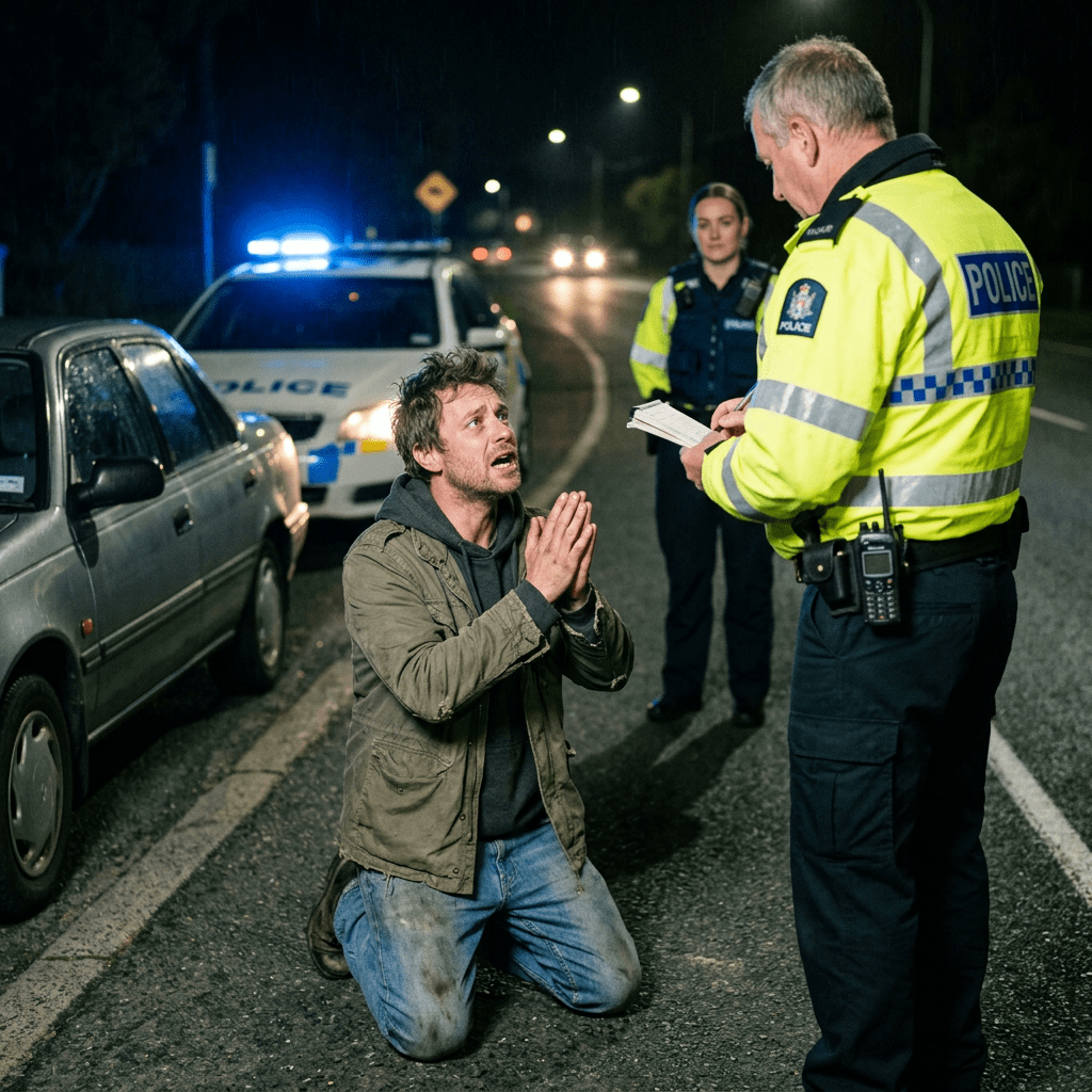 Criminal kneeling before police officer
