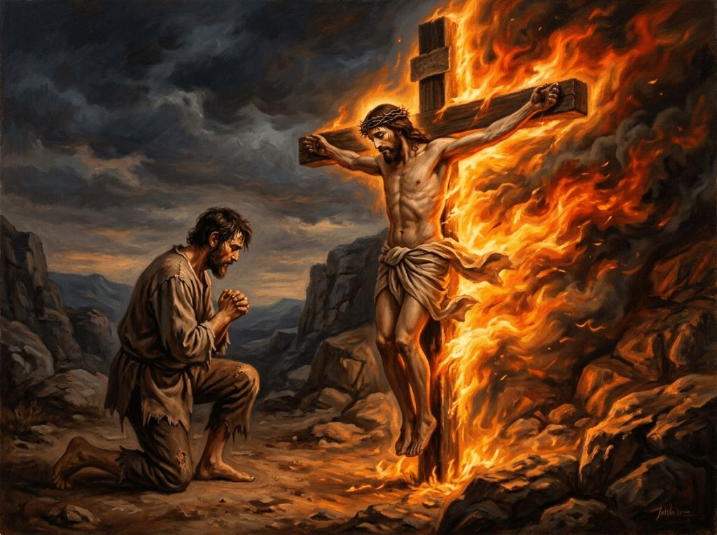 Kneeling worshipper beside Christ crucified on a flaming cross