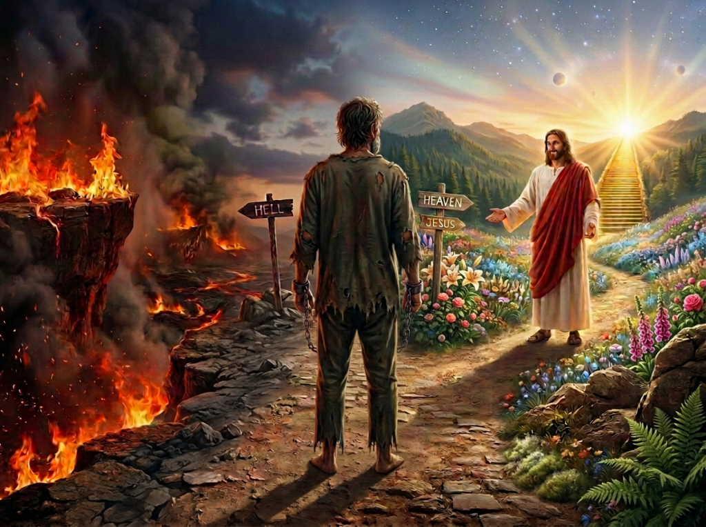 A Choice Between Hell And Heaven Chained man between signs labeled HELL, HEAVEN, and JESUS, facing fire and paradise